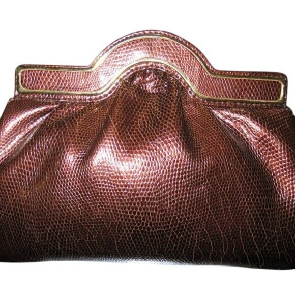 J. TIRAS Metallic Copper Snakeskin Embossed Leather Crossbody Jeweled Clutch bag - Picture 2 of 15